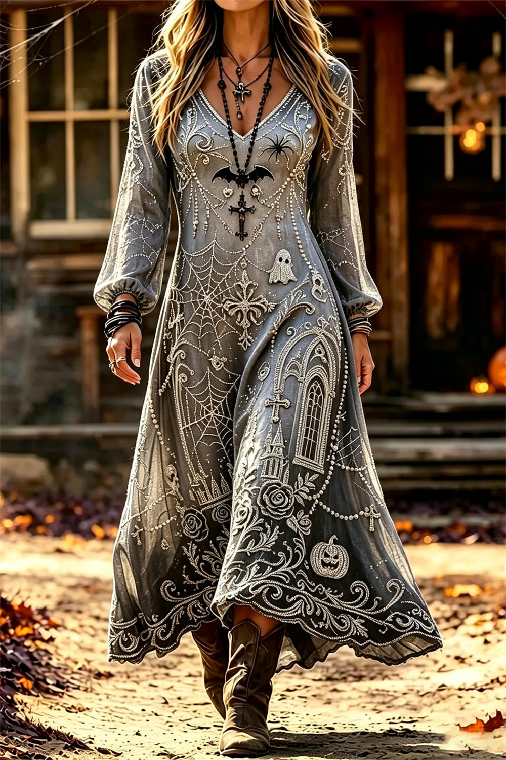 Rosalie | Halloween-inspiriertes graues, mehrfarbiges Spinnennetz-Midikleid mit V-Ausschnitt und langen Ärmeln