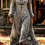 Rosalie | Halloween-inspiriertes graues, mehrfarbiges Spinnennetz-Midikleid mit V-Ausschnitt und langen Ärmeln
