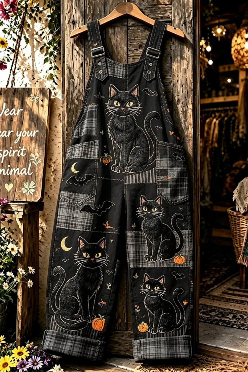 Daphne | Halloween-inspirierter schwarzer karierter Overall mit Katzenkürbis-Print und verstellbaren Trägern