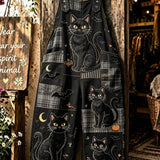 Daphne | Halloween-inspirierter schwarzer karierter Overall mit Katzenkürbis-Print und verstellbaren Trägern