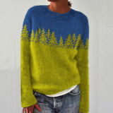 Rikarda | Blau-gelber Retro-Pullover mit Tannenmuster