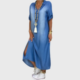 Lea - Langes Denim-Look Kleid mit seitlichem Schlitz