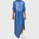 Lea - Langes Denim-Look Kleid mit seitlichem Schlitz