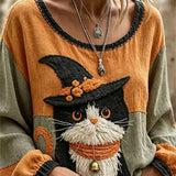 Ruby | Halloween-Bluse mit mehreren Zauberer-Katzen-Stickereien, Rundhalsausschnitt und langen Ärmeln