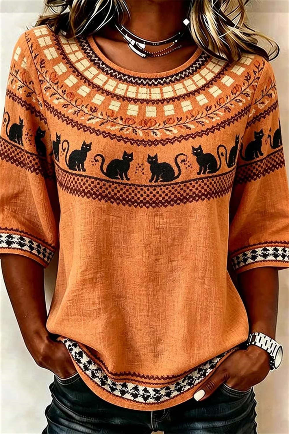 Sabrina | Halloween-inspirierte orange-schwarze Katzen-Print-Rundhalsbluse mit halben Ärmeln