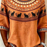 Sabrina | Halloween-inspirierte orange-schwarze Katzen-Print-Rundhalsbluse mit halben Ärmeln