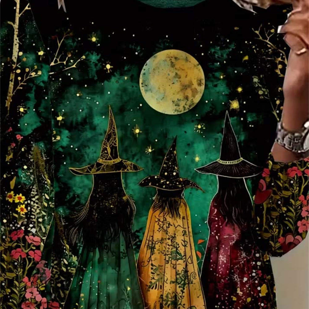 Melissa | Von Halloween inspirierte, langärmlige Bluse mit mehrfarbigem Hexenmond-Blumenmuster und rundem Ausschnitt