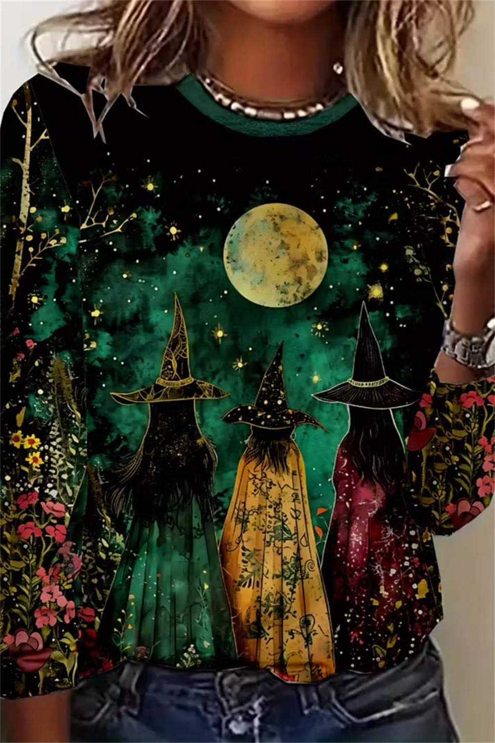 Melissa | Von Halloween inspirierte, langärmlige Bluse mit mehrfarbigem Hexenmond-Blumenmuster und rundem Ausschnitt