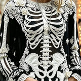 Mila | Von Halloween inspirierte, schwarze, geblümte, langärmlige Bluse mit Rundhalsausschnitt und Spitzenprint