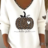 Elisa | Halloween-inspiriertes weißes Langarm-Oberteil mit Leoparden-Kürbis-V-Ausschnitt