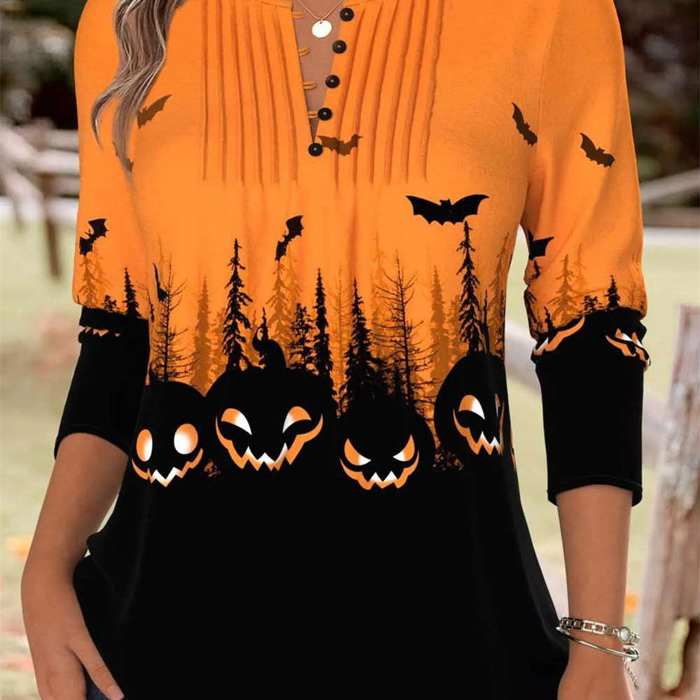 Yara | Halloween-inspirierte orangefarbene Halloween-Langarmbluse mit geteiltem Ausschnitt