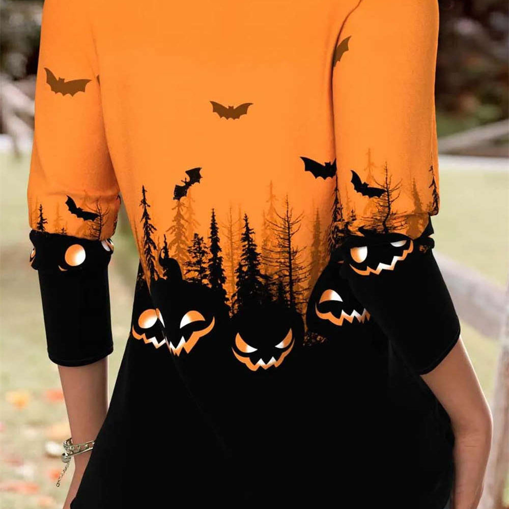 Yara | Halloween-inspirierte orangefarbene Halloween-Langarmbluse mit geteiltem Ausschnitt