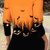 Yara | Halloween-inspirierte orangefarbene Halloween-Langarmbluse mit geteiltem Ausschnitt
