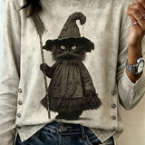 Delilah | Halloween-inspirierte graue Hexenkatzen-Kunst-Rundhals-Langarmbluse