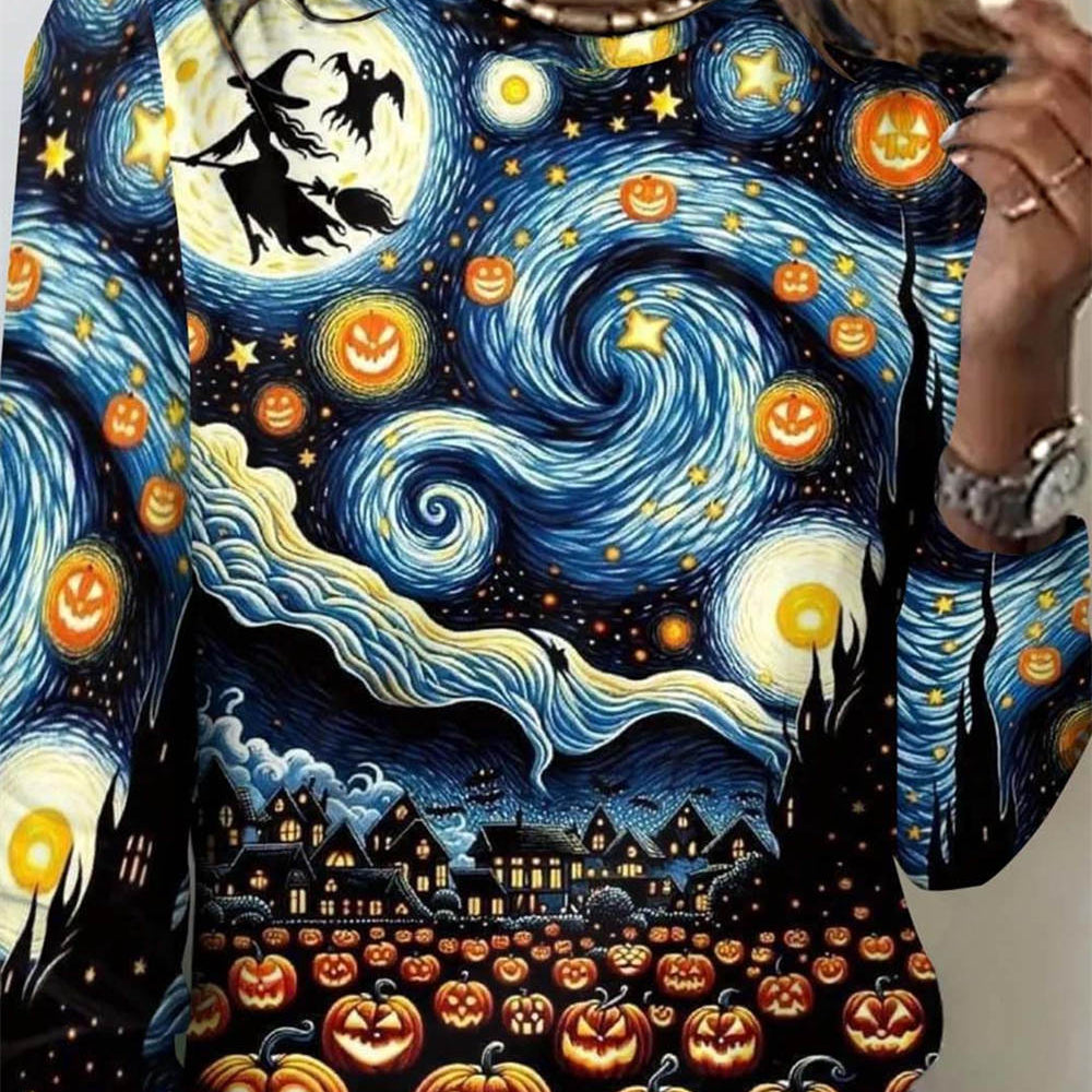 Daisy | Halloween-inspirierte Rundhalsbluse mit Multi-Sternennacht-Kürbis-Hexen-Grafik