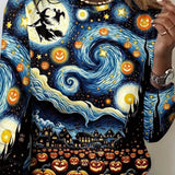 Daisy | Halloween-inspirierte Rundhalsbluse mit Multi-Sternennacht-Kürbis-Hexen-Grafik