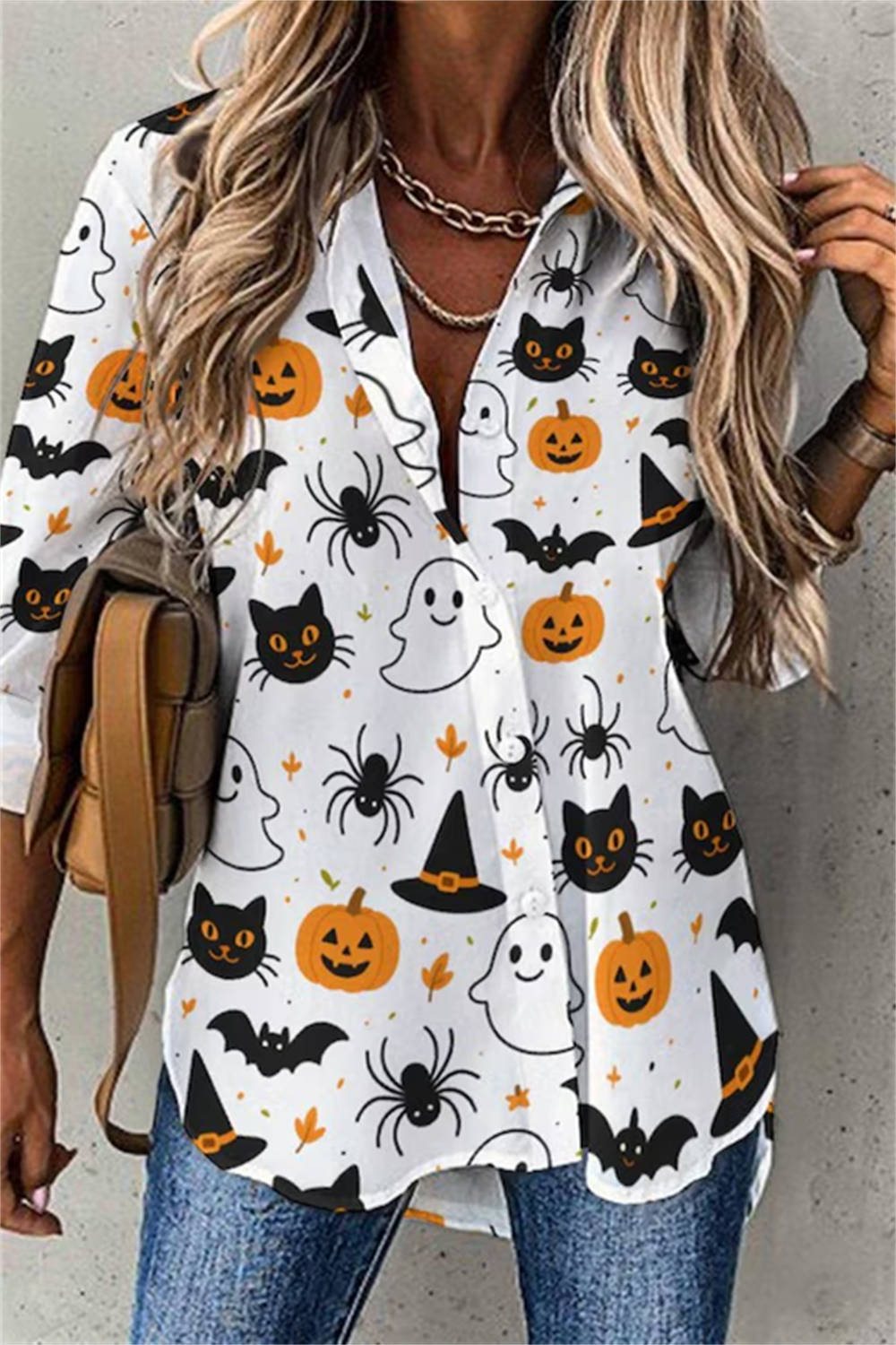 Elisabetta | Halloween-inspiriertes Multi-Kürbis-Geist-Katzen-Fledermaus-Spinnen-Hemd mit dreiviertel Ärmeln und V-Ausschnitt