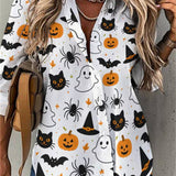 Elisabetta | Halloween-inspiriertes Multi-Kürbis-Geist-Katzen-Fledermaus-Spinnen-Hemd mit dreiviertel Ärmeln und V-Ausschnitt