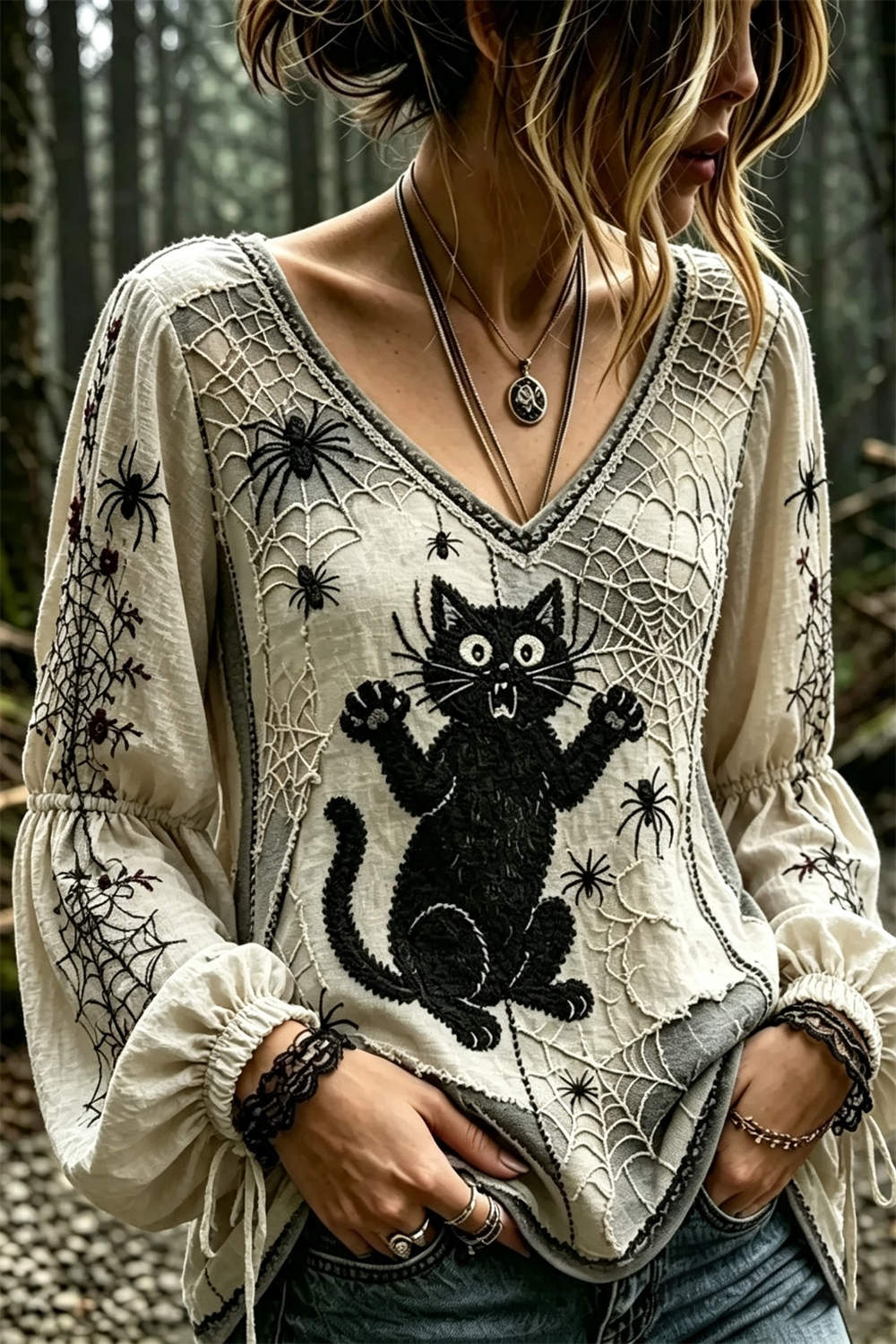 Mariana | Halloween-inspirierte, mehrfarbige Gothic-Bluse mit Katzen- und Spinnenmuster und V-Ausschnitt und Puffärmeln