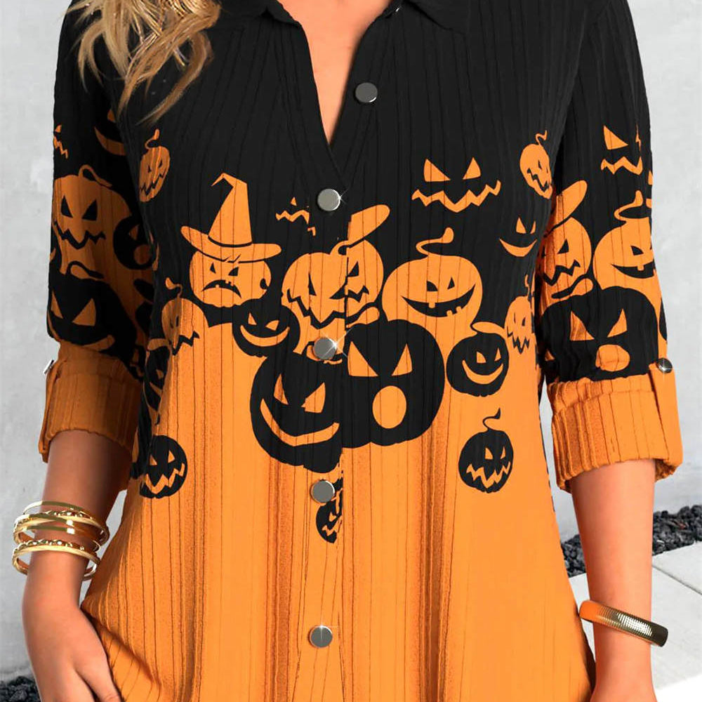 Hannah | Halloween-inspirierte Langarmbluse mit Hemdkragen in Schwarz und Orange mit Kürbismuster