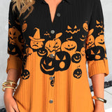 Hannah | Halloween-inspirierte Langarmbluse mit Hemdkragen in Schwarz und Orange mit Kürbismuster