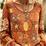 Greta | Halloween-inspirierte orange Kürbis-Blumen-Stern-Rundhals-Langarmbluse