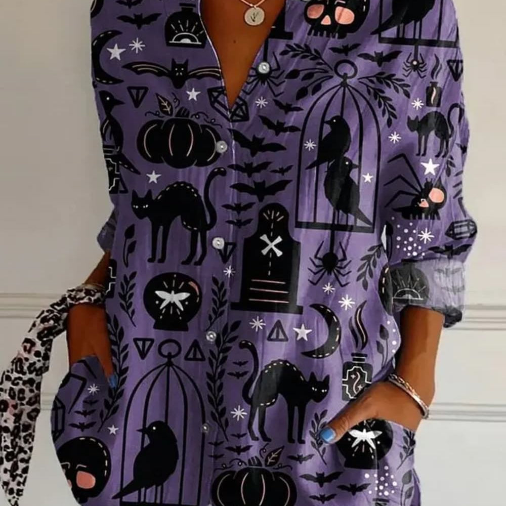 Adalynn | Halloween-inspiriertes lila Kürbis-Fledermaus-Langarmshirt mit schwarzem Katzenprint und Kragen