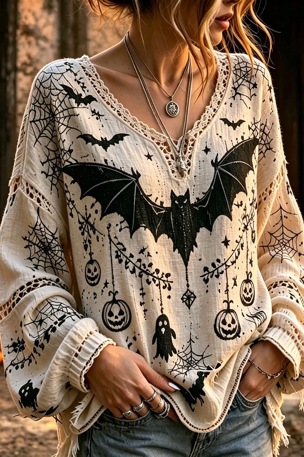 Abigail | Halloween-inspirierte cremefarbene Fledermaus-Geist-Kürbis-Spitzen-Langarmbluse mit V-Ausschnitt