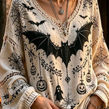 Abigail | Halloween-inspirierte cremefarbene Fledermaus-Geist-Kürbis-Spitzen-Langarmbluse mit V-Ausschnitt