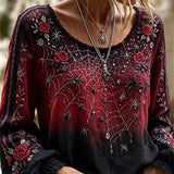 Imogen | Von Halloween inspirierte, rot-schwarze Farbverlaufs-Langarmbluse mit Spinnen- und Rosenmuster und U-Ausschnitt