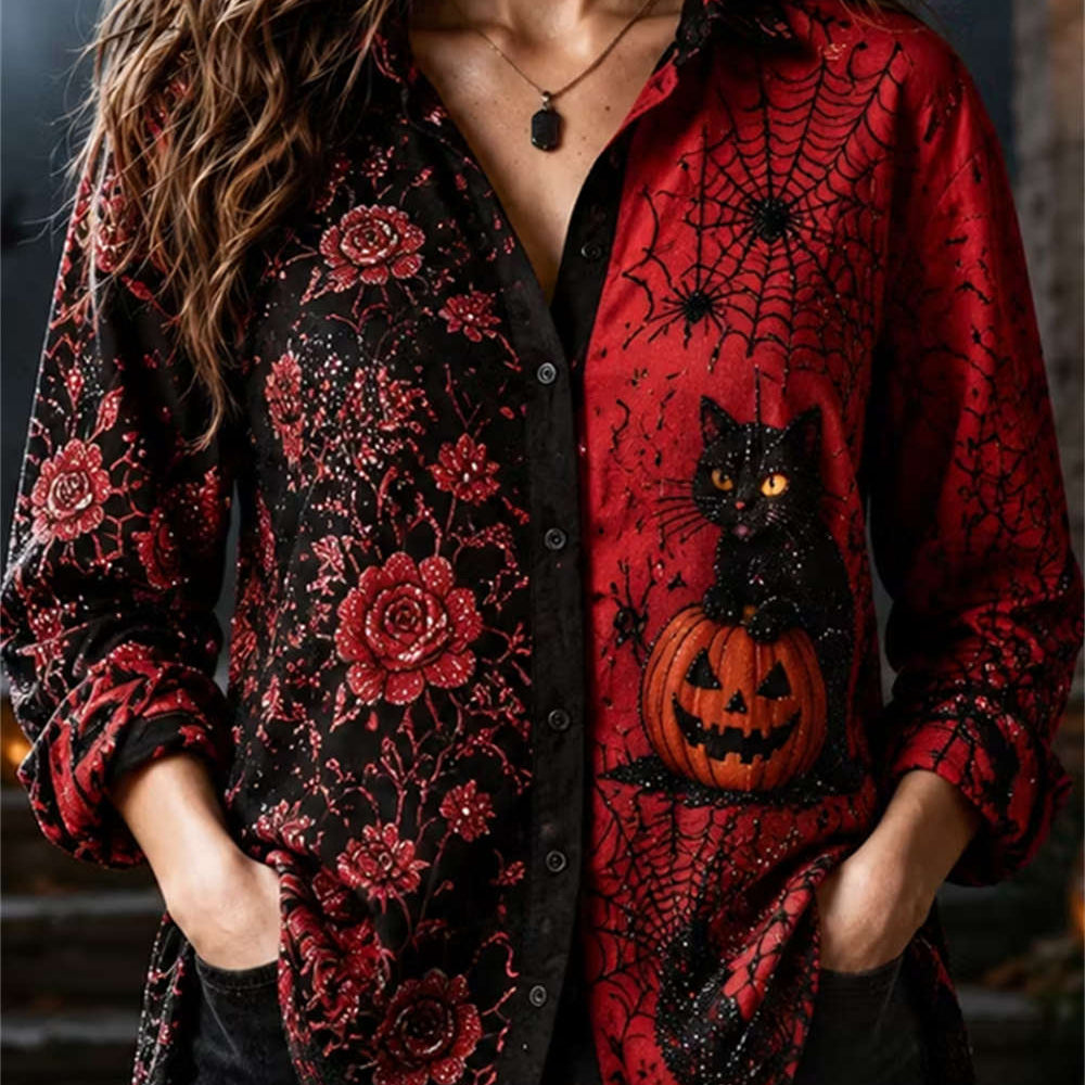 Elaine | Halloween-inspiriertes langärmliges Hemd mit schwarzem, rotem Katzen-Kürbis-Print und Reverskragen