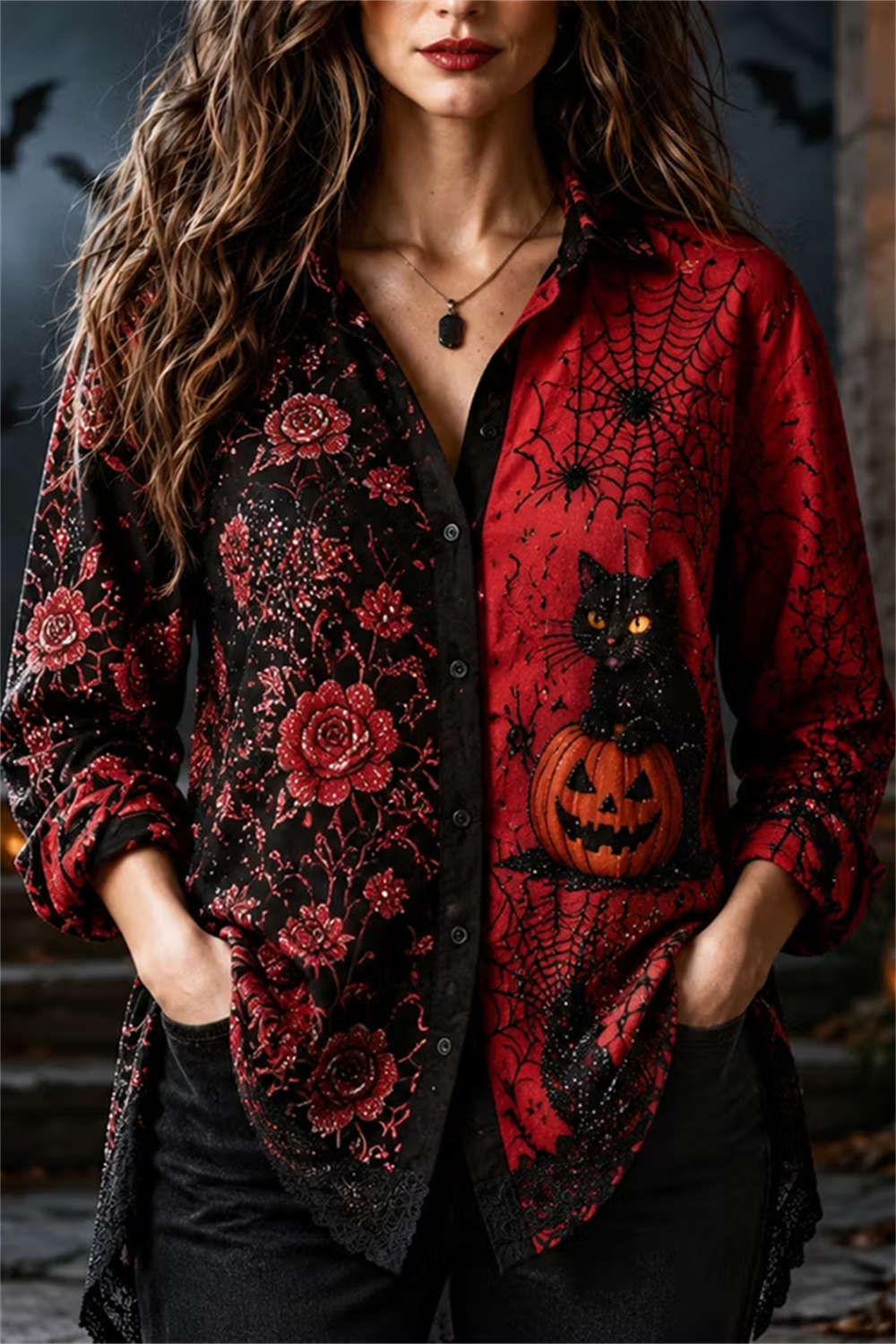 Elaine | Halloween-inspiriertes langärmliges Hemd mit schwarzem, rotem Katzen-Kürbis-Print und Reverskragen