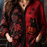 Elaine | Halloween-inspiriertes langärmliges Hemd mit schwarzem, rotem Katzen-Kürbis-Print und Reverskragen