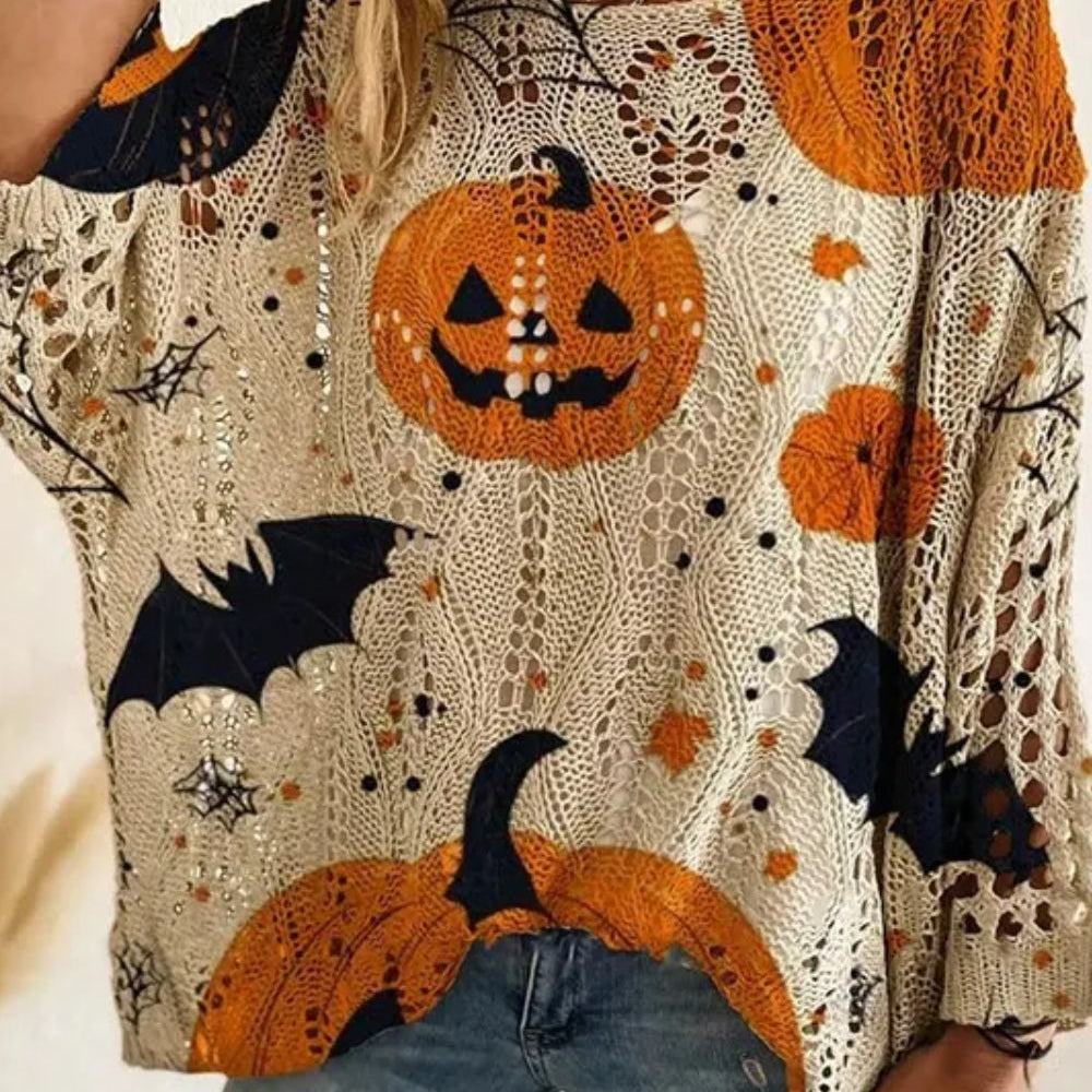 Gwendolyn | Halloween-inspirierter langärmliger Rundhalspullover mit mehreren Kürbisfledermäusen