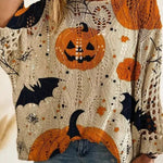 Gwendolyn | Halloween-inspirierter langärmliger Rundhalspullover mit mehreren Kürbisfledermäusen