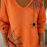 Evangeline | Halloween-inspirierter orangefarbener Spinnennetz-Print-Langarmpullover mit V-Ausschnitt
