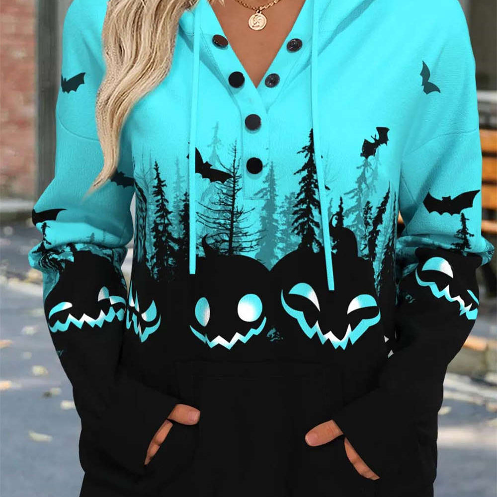 Vera | Halloween-inspirierter Multi-Kürbis-Fledermaus-Hoodie mit V-Ausschnitt