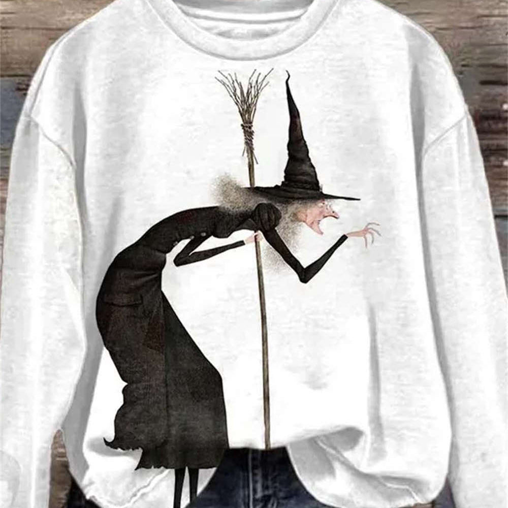 Rebecca | Weißes Halloween-inspiriertes Hexen-Print-Sweatshirt mit Rundhalsausschnitt