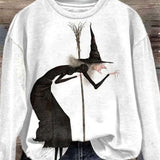 Rebecca | Weißes Halloween-inspiriertes Hexen-Print-Sweatshirt mit Rundhalsausschnitt