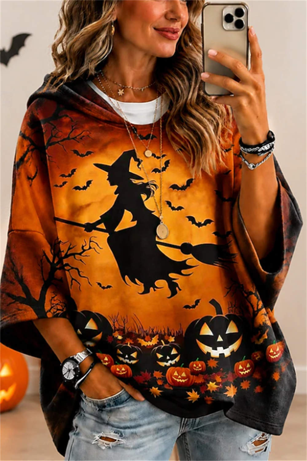 Emilia | Halloween-inspirierter Multi-Hexen-Kürbis-Fledermaus-Kapuzenpullover mit Dreiviertelärmeln und Kapuze