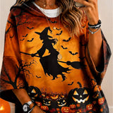 Emilia | Halloween-inspirierter Multi-Hexen-Kürbis-Fledermaus-Kapuzenpullover mit Dreiviertelärmeln und Kapuze