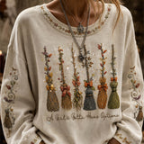 Lauren | Halloween-inspiriertes beiges Besen-Print-Rundhals-Sweatshirt