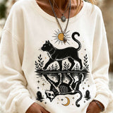 Kiara | Halloween-inspiriertes, langärmliges Rundhals-Sweatshirt mit cremefarbenem schwarzen Katzenskelett-Print