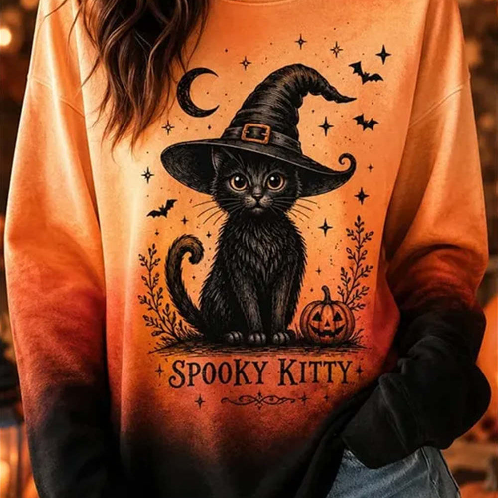Anna | Halloween-inspiriertes langärmliges Rundhals-Sweatshirt mit mehreren Katzen und Kürbisfledermäusen