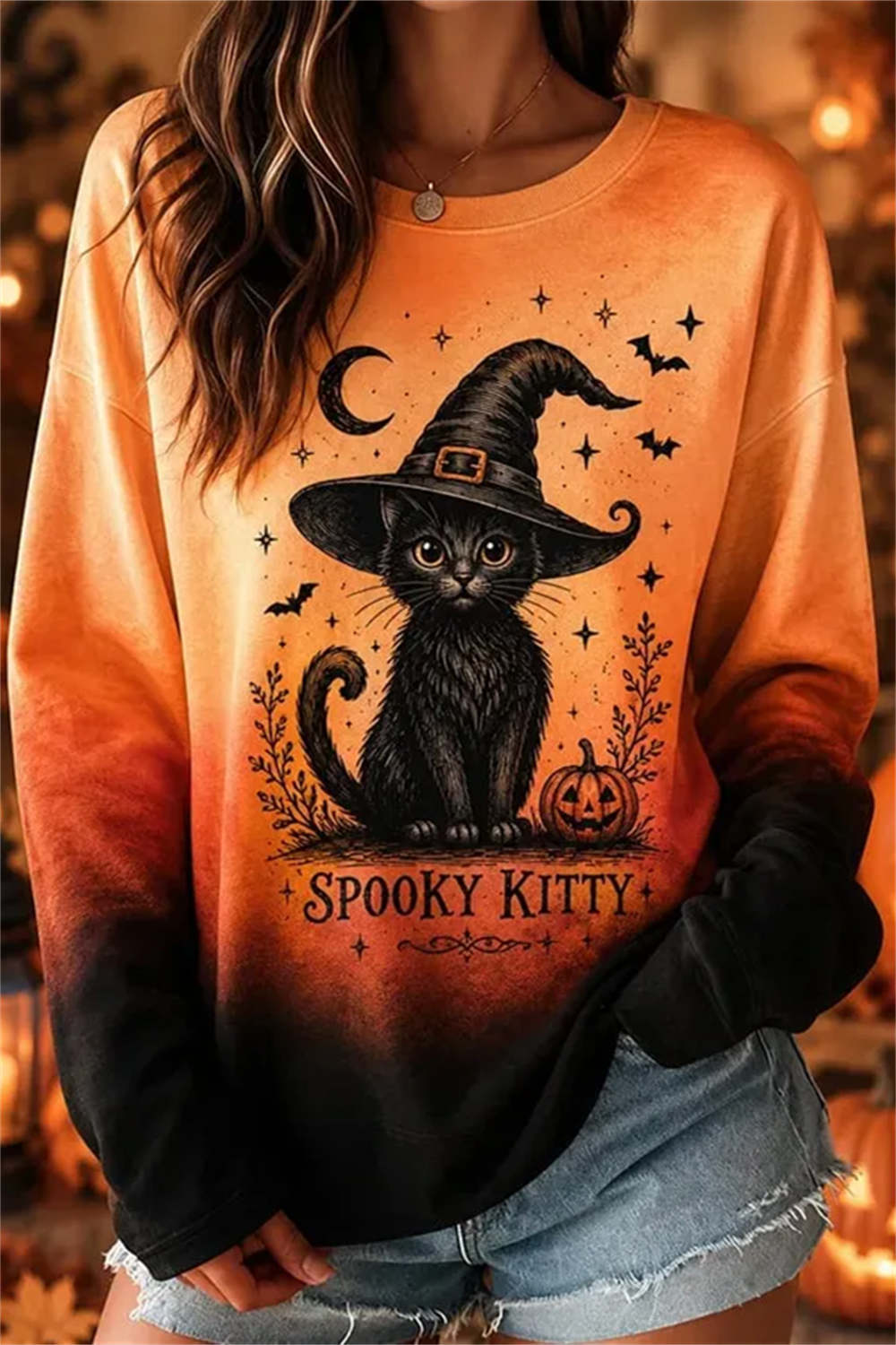 Anna | Halloween-inspiriertes langärmliges Rundhals-Sweatshirt mit mehreren Katzen und Kürbisfledermäusen