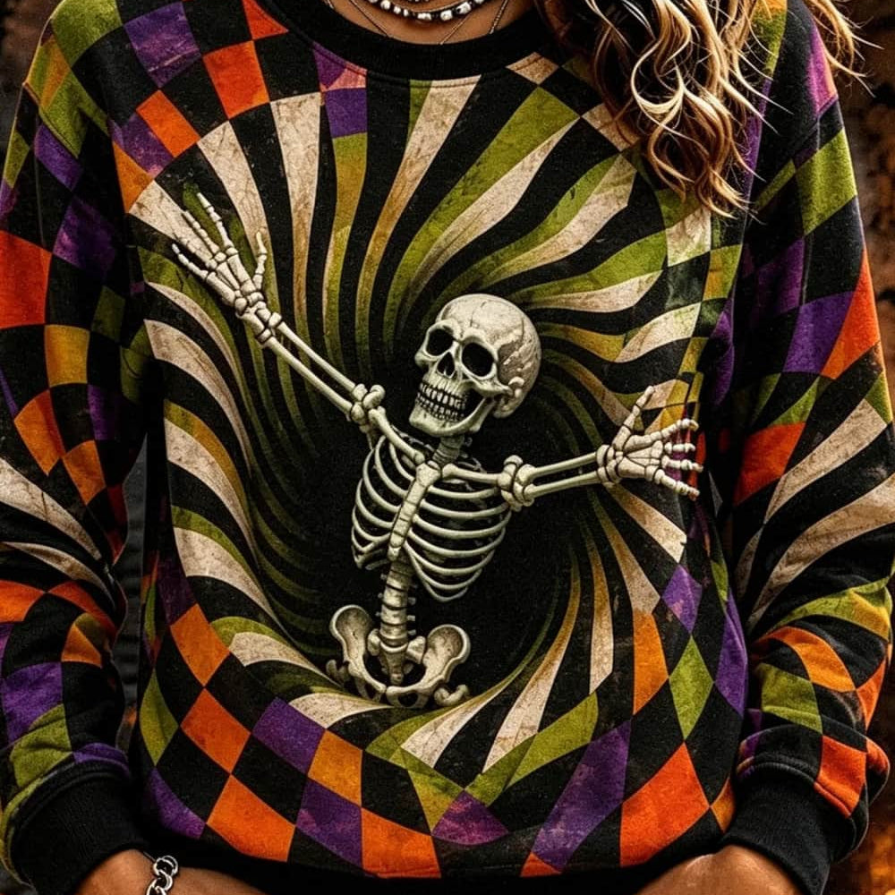Caroline | Halloween-inspiriertes Rundhals-Sweatshirt mit mehrfarbigem Spiralkaro und Totenkopf-Print