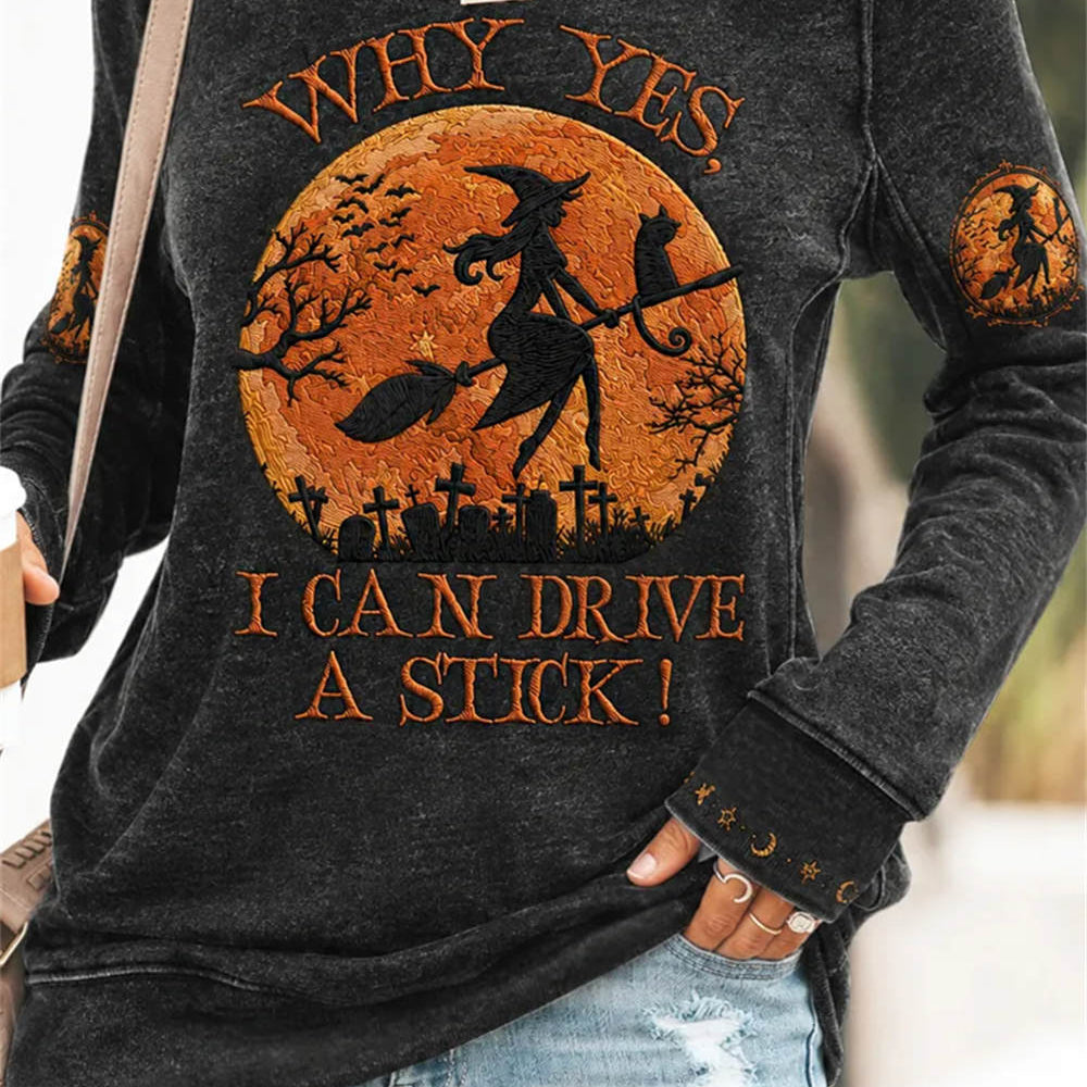 Leah | Halloween-inspiriertes schwarzes Langarm-Sweatshirt mit Hexenmond-Print und Rundhalsausschnitt