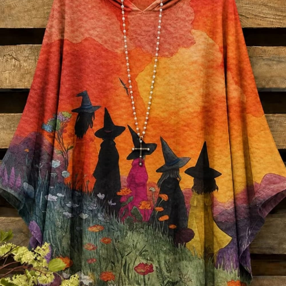 Beatrice | Halloween-inspirierter orangefarbener Hexen-Print-Kapuzenpullover mit langen Ärmeln