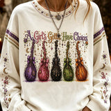 Genevieve | Halloween-inspiriertes weißes Langarm-Sweatshirt mit Hexenbesen-Print und Rundhalsausschnitt