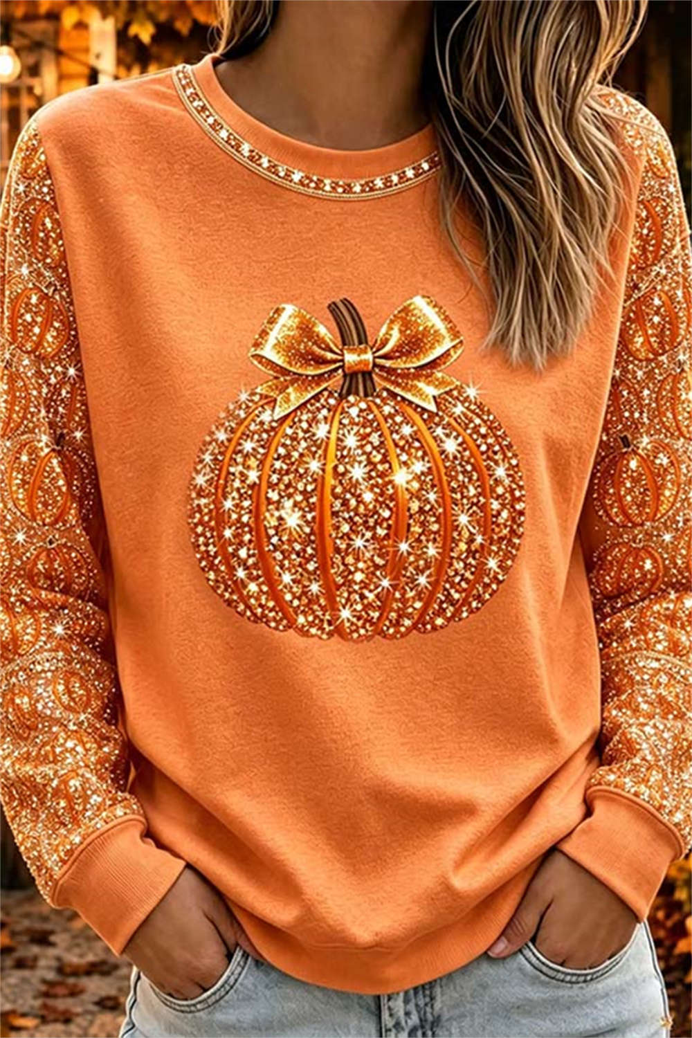 Ivy | Halloween-inspiriertes orangefarbenes Kürbis-Print-Oberteil mit Rundhalsausschnitt